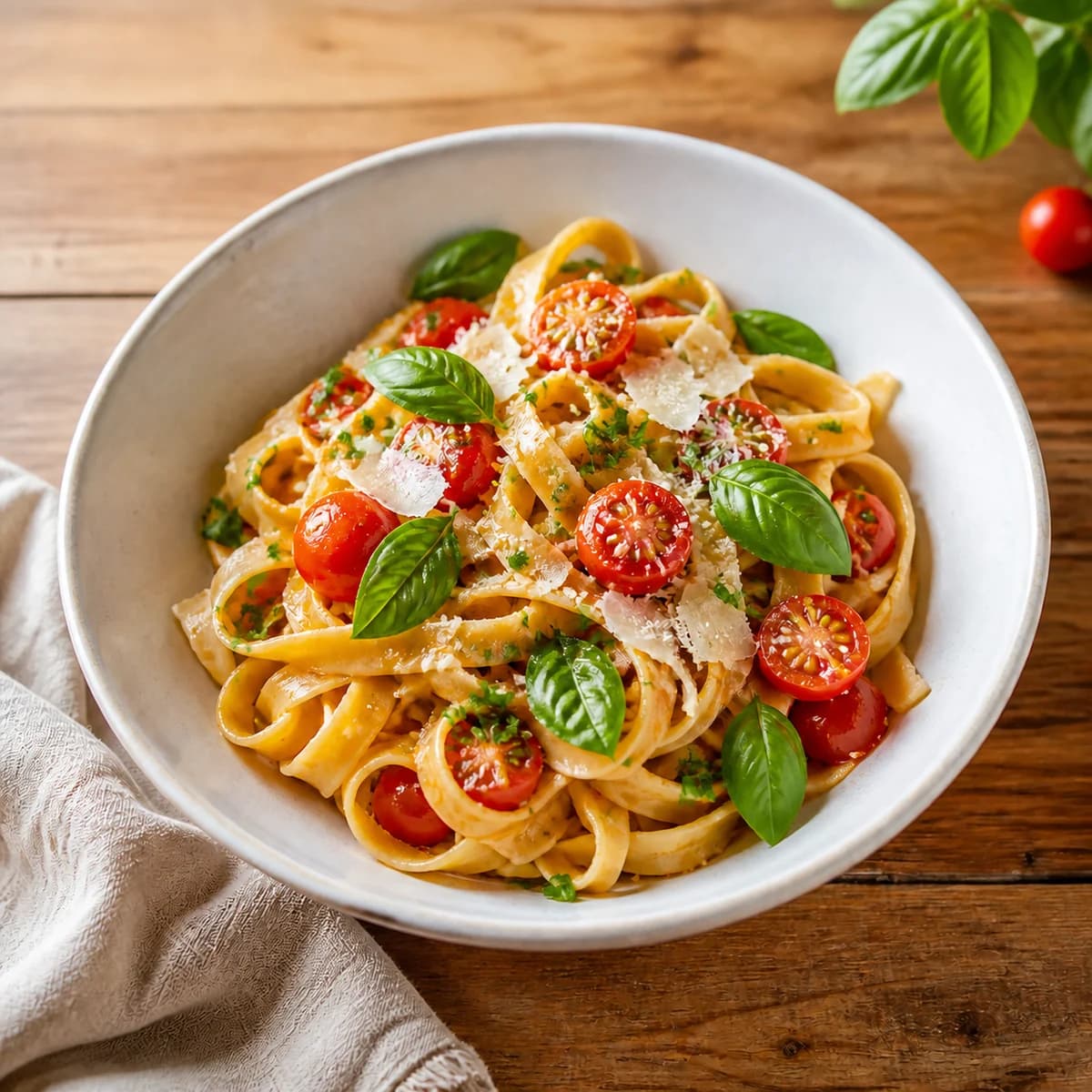 Originalfoto av Pasta Primavera med tomater och basilika